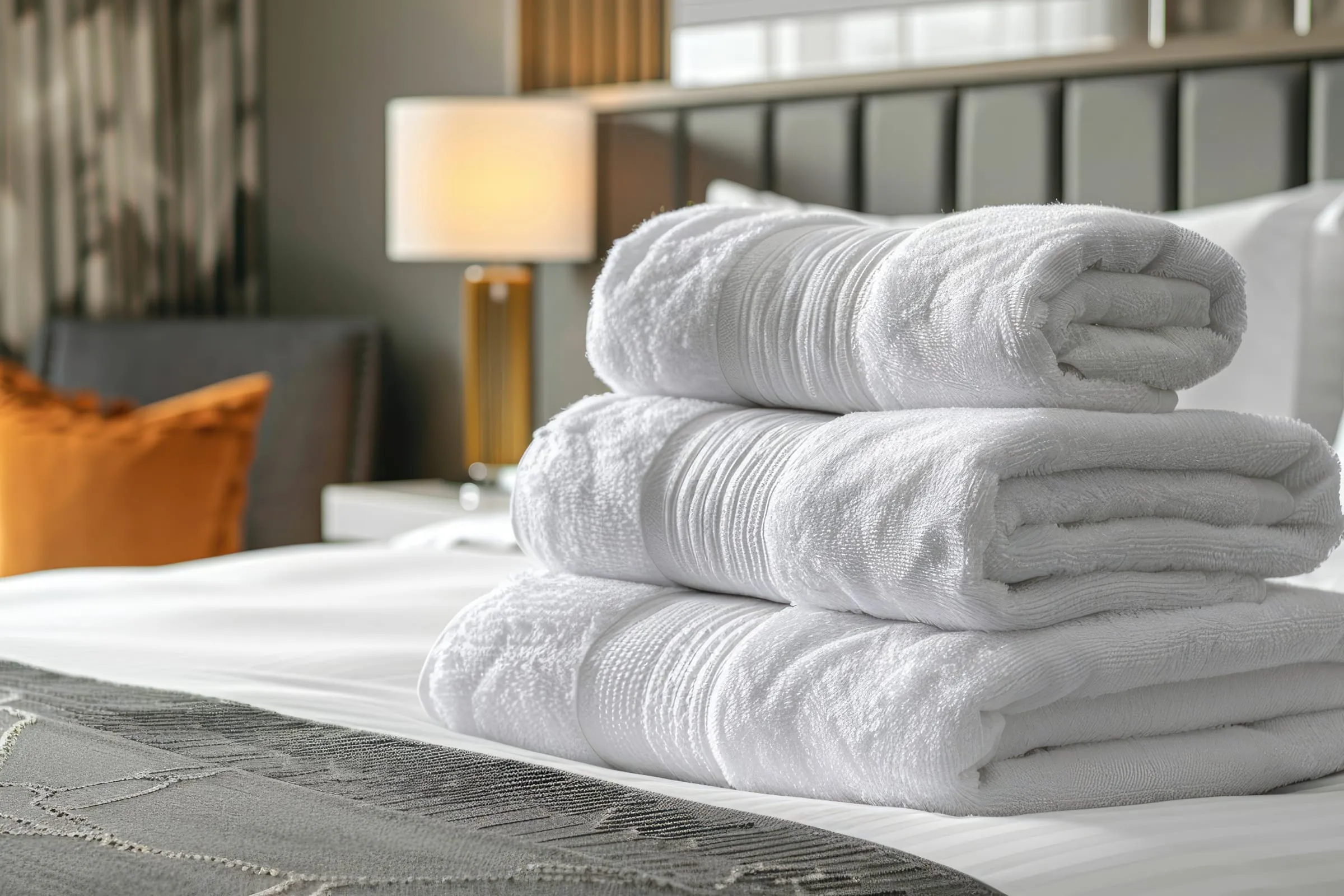 Frisch bezogenes Hotelbett mit gemieteter Bettwäsche und Frottierwäsche