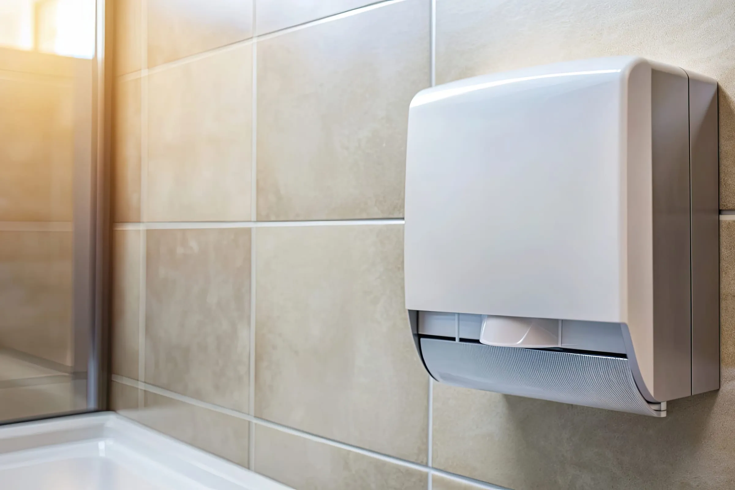Handtuchspender mit Stoffhandtuchrolle in einem Sanitärraum